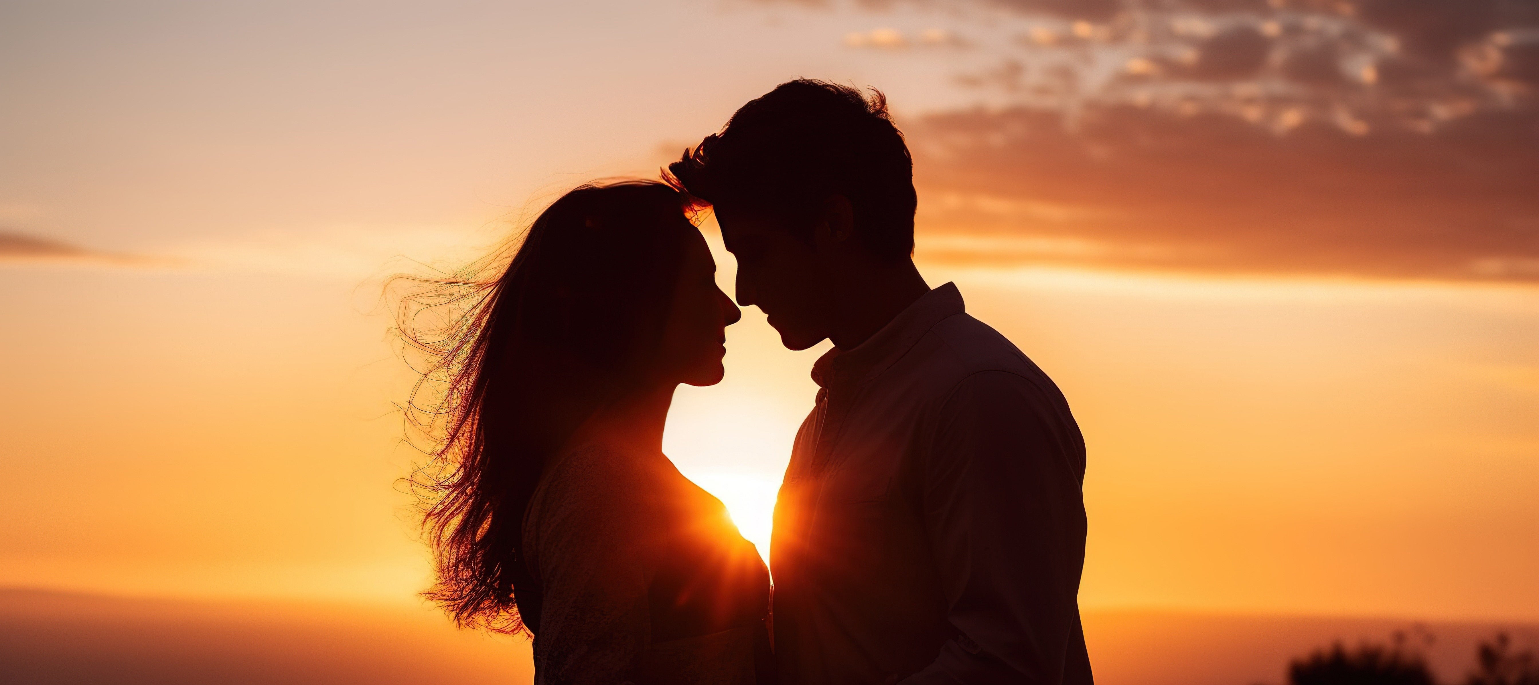 Yoga of Intimacy A man and a woman closely facing each other outdoors at sunset