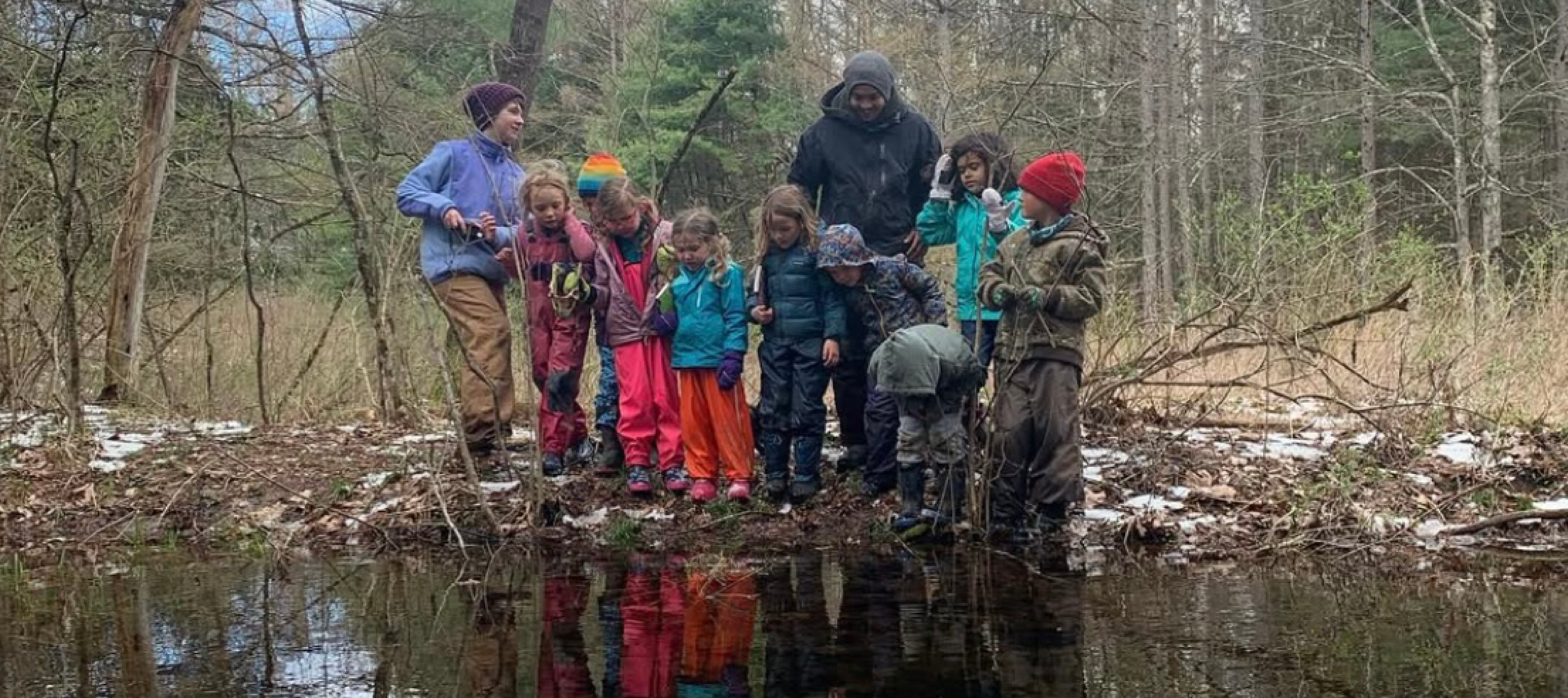 Put on Your Owl Eyes Group of children with 2 adults in the woods by a stream in the winter.