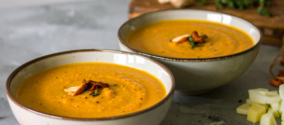 Roasted Pumpkin Soup with Harissa-Maple Mushrooms Bowl of roasted pumpkin soup