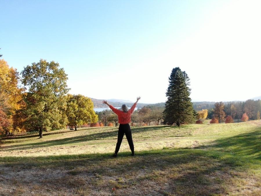 fall landscape with person holding up arms